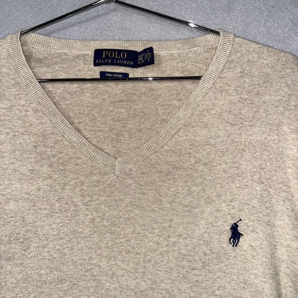 Polo Ralph Lauren Sweater Mens 3XLT Beige V-Neck 100% Pima Cotton Pony Preppy - Picture 2 of 8